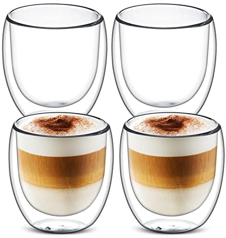4x250ml Double Walled Insulated Glass Coffee Mugs,Cappuccino Mugs,Insulated Latte Drinking Cups,Clear Glasses Mugs for Latte,Hot Drinks Tea Milk Juice Ice Cream