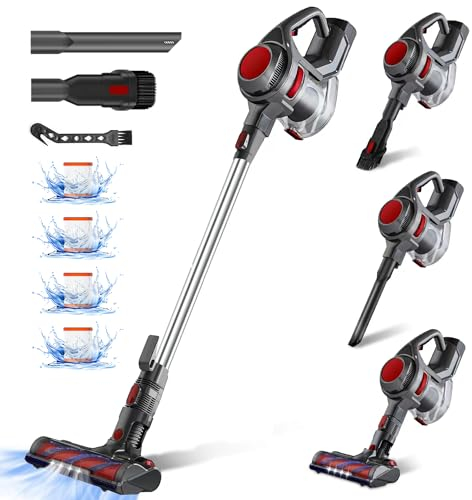 Authmic Aspirateur Balai sans Fil, 25kPa/50 Min Aspirateur sans Fil Puissant avec Filtration 5-en-1 HEPA, 1.3L, 2 Vitesses, Lumières LED, Batterie Amovible pour Voiture/Tapis/Sol Dur/Poils d'animaux
