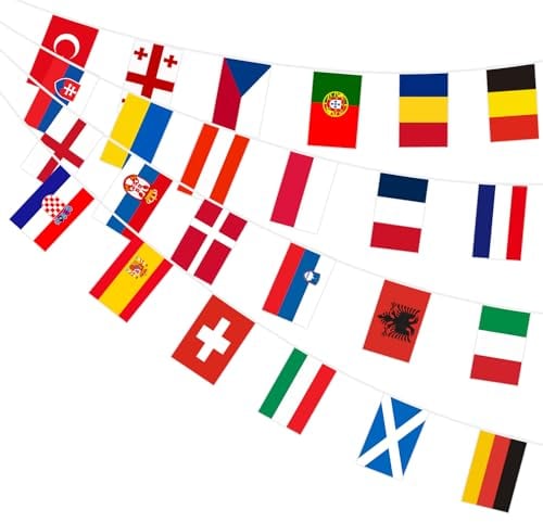 AhfuLife Bandera de Euro Fútbol, Bandera de Tejido de Doble Cara Euro Fútbol, Decoración para Bandera de Euro Para 24 Equipos, Fans Bares Fiesta Calles Decoración(21cm X 14cm 8,5m 1pcs)