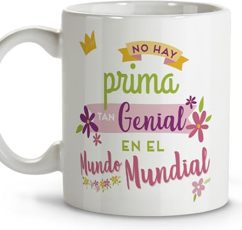 LolaPix Tazas primas. Tazas de cafe. Taza mensaje. Regalos para primas. Taza cerámica 330 ml.