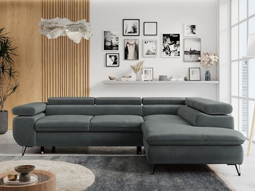 MKS MEBLE Ecksofa Sofa Grau, Wohnlandschaft L-Form mit Schlaffunktion und Bettkasten, Schlafsofa mit Bettkasten, Sofa mit Einstellbare Kopfstützen, Peter L - Dunkelgrau Velvet - Rechts Grau