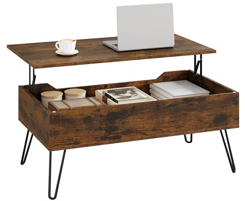 WOLTU Couchtisch Wohnzimmertisch höhenverstellbar ausziehbar, Kaffeetisch mit verstecktem Stauraum, für Wohnzimmer Büro, Metallbeine, 95x(40-55,5) x50 cm,Rustikales Braun Schwarz,BTS18vbn