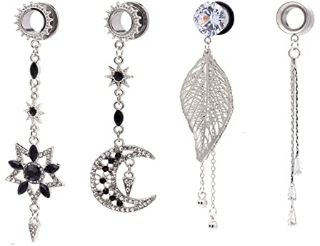 Grewod Plugs Ohrringe Damen, Edelstahl Silber Blatt Mond Hängend mit Zirkonia Ohr Tunnel Flesh Tunnel Ohr Expander Piercing Schmuck 10MM, 4 Stk