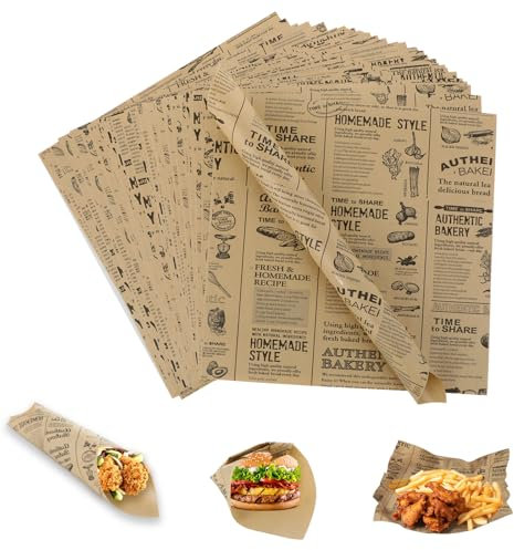 Hisdricus 100 Blatt Papierblätter - 25x25 cm Backpapier - Burger Papier - Fettdichte Papierblätter - Lebensmittelkorb Liner - Wrap Papier für Burger, Sandwiches, Pommes Frites, Kuchen