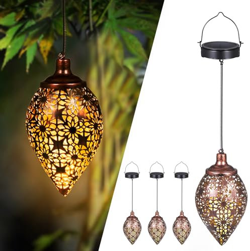 Görvitor Solarlaterne für Außen 4 Stück, Metall Solar Laterne für Draußen IP44 Wasserdicht, Orientalische Solarlampen für Außen Hängend für Gartendeko Terrasse Patio Baum Camping Rasen(Olivenform)