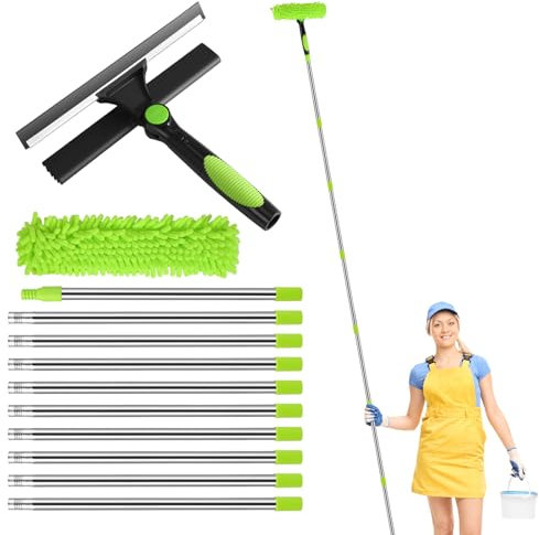 4 Meters Window Squeegee Cleaning Equipment, 2 in 1 Glass Cleaning Tool with Long Handle, Extendable Window Cleaning Kit with Squeegee and Microfiber Cloth, for Indoor/Outdoor Window, Wall, Glass