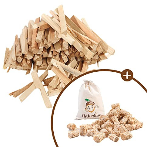 naturling Anzündholz 4 kg - harzhaltiges Brennholz für Grill und Kamin mit Holzwolle Anzünder als Zugabe (4kg Anfeuerholz + 200g Holzwolle)