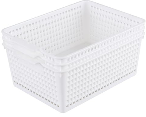 Ramddy Pack of 3 White Organiser Baskets, Large Plastic Baskets for Storage