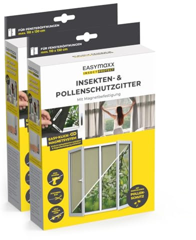 EASYmaxx Moustiquaire de fenêtre avec Protection Contre Le Pollen & Magic Click | Peut être découpée pour des fenêtres jusqu'à 110x130 cm | Montage Facile avec 12 aimants - Pas de perçage [2 Pièces]