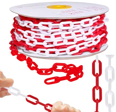 GOEDCH Cadena de Barrera: Cadena de Plástico Roja y Blanca de 25m, Cadena de Advertencia de 6mm para Bloquear Áreas, Barrera de Cadena de Plástico para Advertencia Seguridad Espacio de Estacionamiento