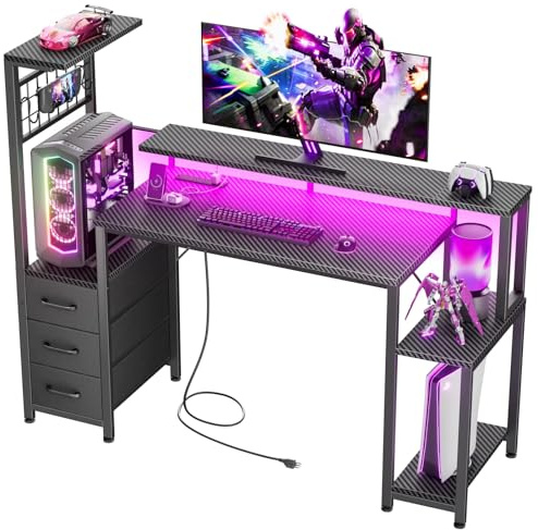 Korfile 48 Gaming Desk with Power Outlet, LED, Carbon Fiber Black Finish | Reversible Computer Desk with Monitor Stand, CPU Stand & Drawers, Gamer Table with Side Hook for Gaming, Home Office, Bedroom