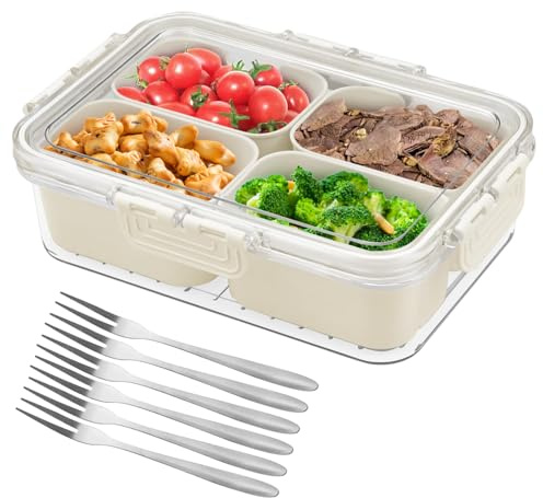 Snackbox mit Fächern, Snackteller mit Deckel und 6 Edelstahl Gabeln, Wiederverwendbar Tragbar Snackdose, Travel Frischhalte Box und Snack Tablett für Kühlschrank Obst SüßIgkeiten Keksen GemüSe Nüsse