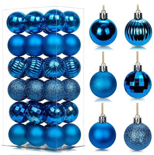 36Pcs Royal Blue Baubles for Christmas Tree, 4cm Mini Shatterproof Plastic Christmas Balls Ornaments with Strings, 6 Design Xmas Baubles Hanging Balls for Indoor Outdoor Xmas New Year Party Decor