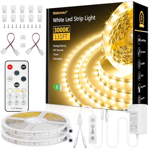 Wefomey LED Strip 40M Warmweiss, LED Streifen Warmweiß 3000K Dimmbar, 24V Selbstklebend 2835 Weiß Flexible DIY LED Lichtband 1920 LEDs, mit Netzteil und RF Fernbedienung für Innen Heim Küche Deko
