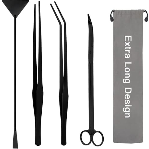 Coolrunner 38cm Extra Long 4 in 1 Aquarium Aquascape Kits, Black | Aquatic Plant Aquascaping Tool Stainless Steel Tweezers Scissors Spatula for Aquarium Tank Clean Fish Tank Aquascape Tools