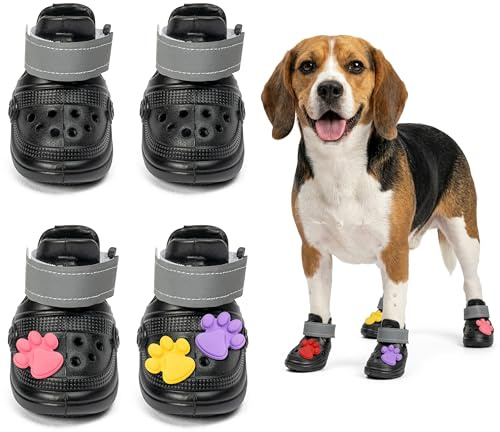 Wood Homing Hundeschuhe 4er Set Pfotenschutz – Atmungsaktive Hunde Clogs mit Anti Rutsch Sohle Reflektierende Riemen & Charm, Sommer Hundeschuhe gegen heiße Straße Strand für kleine mittlere Hunde (M)