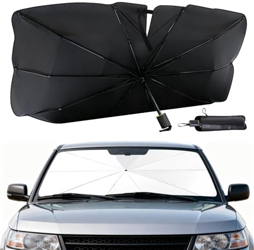 BIRDDIE Parasol para parabrisas de coche, ajuste manual estable multiángulo, protección UV y contra el calor con funda de cuero, parasol de coche para sedanes, SUV, MPV