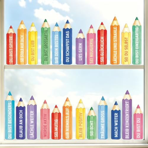 Einschulung Schuleinführung Schulanfang Deko Set - 8 Bögen Sticker Einschulung mit Buntstiftmotiven & Inspirierenden Sprüchen - Statisch Haftende Fenstersticker für Schuleinführung Deko uvm.