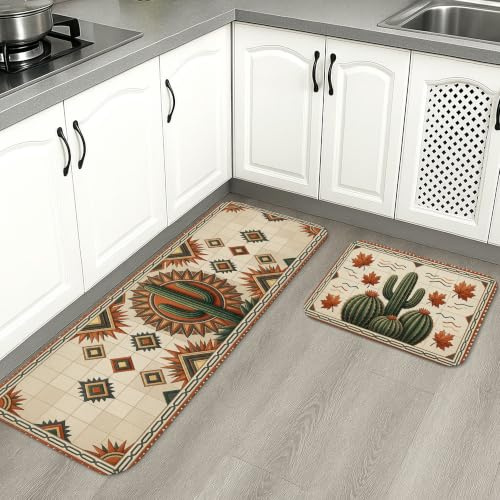 Set di 2 tappeti da cucina con cactus, stile bohémien, rustico, con diamanti, colore verde estivo, lavabili, morbidi, per lavello, lavanderia, ingresso e corridoio