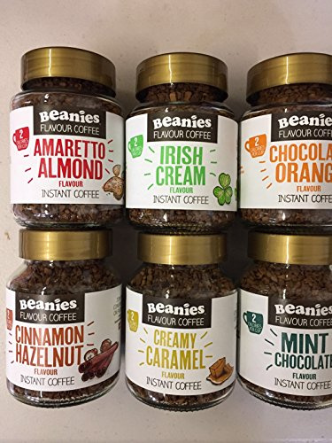 Beanies Instant Flavoured Coffee 6 x 50g Jars, Amaretto Almond, Irish Cream, Chocolate Orange, Cinnamon Hazelnut, Creamy Caramel, Mint Chocolate.