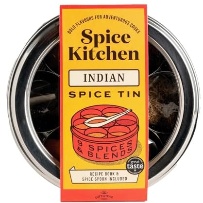 Spice Kitchen Premium Indian Spice Collection, Spice Tin with 9 Cooking Spices including Award-Winning Garam Masala, Stainless Steel storage tin, Indian recipe booklet and Spice serving spoon