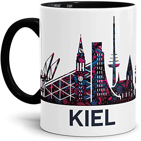 Kiel-Tasse Skyline - Kaffeetasse/Silhouette/Souvenir/Städte-Tasse/Mug/Cup/Becher/Beste Qualität - 25 Jahre Erfahrung - Innen & Henkel Schwarz