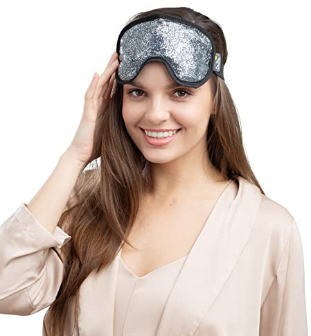 Zhu-Zhu Glitter Gel Hot & Cold Eye Mask - Therapeutic Soothing Relief for Migraines, Sinus Pain, Tension Headaches, Allergies, Puffy and Tired Eyes - Silver