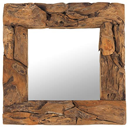 DESIGN DELIGHTS Holz WANDSPIEGEL Teak 50 | Teakholz (erodiert), Natur, 50x50x3 cm (HxBxT) | Spiegel mit Rahmen aus echtem Vintage Treibholz/Fundholz