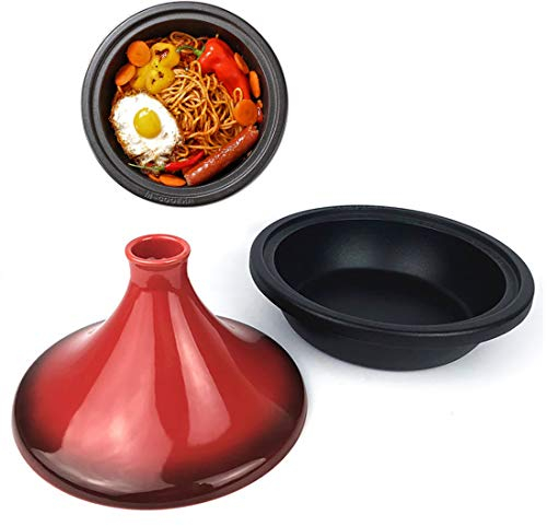 LGYKUMEG Tagine Cooking Pot with Cast Iron Base and Red Stoneware Funnel Lid,28cm/2.3L Tajine Pot, Dishwasher and Oven Safe, for all kinds of stews with unique flavo