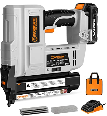 WORKSITE Electric Cordless 18 Gauge Brad Nailer Nail Staple Gun with 2.0A Battery for High Density Woodworking Projects, Upholstery, Carpentry