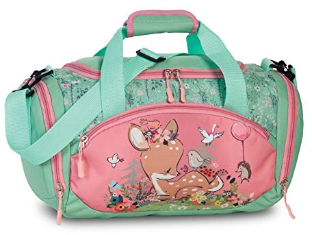 Umhängetasche Sporttasche Kinder Reisetasche mit REH Rehkitz Blumen Vögeln Igel für Mädchen & Jungen - 14,2 Liter - 35 x 22 x 18,5 cm, rosa/türkis