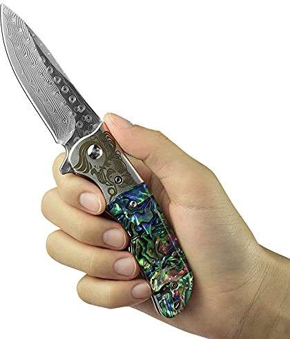 AUBEY Taschenmesser Abalone Damast Klein Klappmesser Einhandmesser Angelmesser Outdoor EDC Messer Damastmesser Taschenmesser Klappmesser Geschenk (Abalone-Muschel Griff)