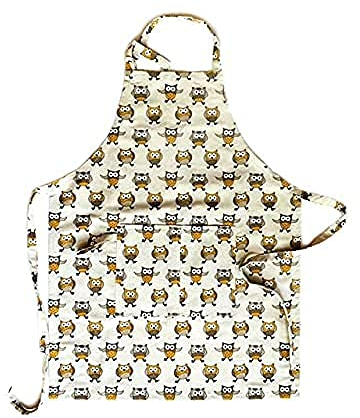 JOWOLLINA Schürze Küchenschürze mit Tasche (L 84 cm x B 70 cm), Halbleinen Bedruckt (Eule Ocker)