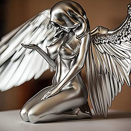 Engel Figur - Kniender Umhang Hut Nackt Sexy Menschlicher Körper Silber Harz, Kunst Weibliche Frau Flügel, 3D Statue Dekor