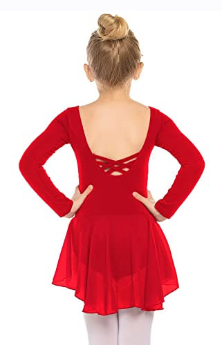 Beyove Mädchen Ballettkleidung Rückenfrei Ballettkleid Baumwolle Langarm Balletttrikot Ballettanzug Kinder Tanzkleid Tanzbody mit Rock Tütü Rot 120