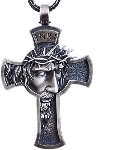 DESHOME Vintage Kreuz Jesus Halskette 3D geschnitzt religiösen Zinn Amulett Anhänger mit verstellbarer Kette, Pullover Halskette für Männer und Frauen, Unisex Geschenk, Jesus Kopf