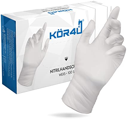 kör4u Nitrilhandschuhe, weiß, M, 100 Stück, puderfrei, latexfrei, extra stark, Einweghandschuhe, Einmalhandschuhe, Lebensmittelhandschuhe