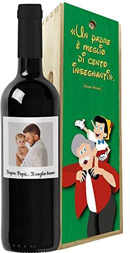 Regalo festa del papà - Bottiglia personalizzata e cassa legno - Personalizzato per lui, Idea regalo uomo, festa del Nonno, compleanno papà (Pinocchio, Foto e dedica)