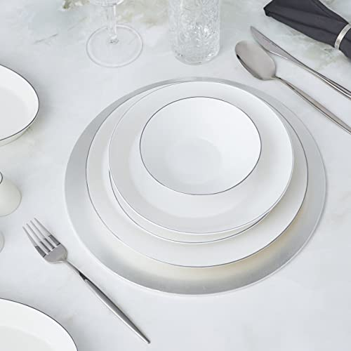 Karaca x Hussein Chalayan Streamline Sun Path 59-Piece New Generation Bone China Dinner Set for 12 People, Dinner Plates, Pasta Bowls, Side Plates, Soup Bowls, Serving Platters, White Platinum