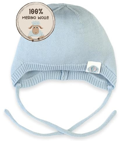 MIRARI Kids Warme Babymütze gestrickt aus 100% Merinowolle I Unisex Strickmütze mit Ohrenklappen und Bindebändern I weiche Baby Wollmütze ohne Futter (Blau, 6M (40-44))