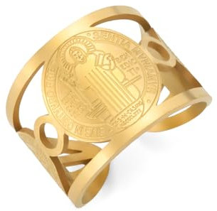 Amaxer Heiliger Benedikt von Nursia Ring für Frauen Edelstahl religiöser offener verstellbarer Fingerring Schmuck Geschenke (Gold)
