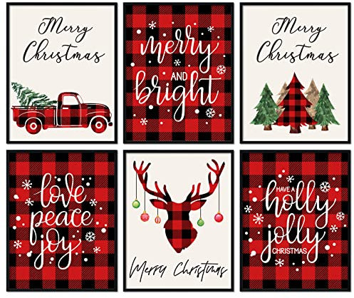 AnyDesign 6 Pcs Christmas Wall Art Prints 8x10in Red Black Buffalo Plaid Art Posters Farmhouse Xmas Tree Truck Reindeer Room Decor for Gallery Living Room Bathroom Wall Decor (NO FRAME)