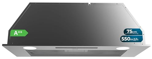 Cecotec Campana Integrable 75cm Bolero Flux IT 755500 Inox A++. Motor 70W, 3 Niveles Potencia, Bajo Consumo, Acabado Inox, Potencia Succión 550m3/h, Táctil, Booster, Luz y Filtro de Carbono