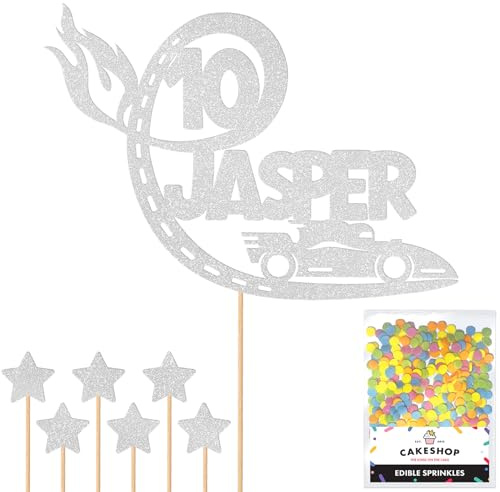 Personalised F1 Motor Racing Car Glitter Cake Topper - Light Silver Custom Age & Name Glitter Cake Decoration and Sprinkles - Happy Birthday Decorations - Personalised Toppers for Cakes by Cakeshop