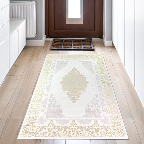 Teppich-Traum Teppich Wohnzimmer Kurzflor Flur Garderobe Läufer 80x150 cm kurz Orient elegant Ornamente Glanzeffekt Mäander Creme Gold