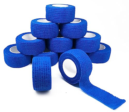 12 Rollen Selbstklebender Verband Selbsthaftende Bandage Sport Elastische Binde Fingerverband Pflasterverband Fixierbinde für Finger Zehen 2.5cm X 4.5m Blau