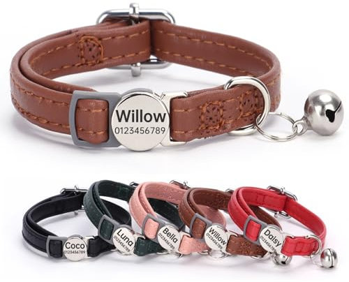 SEOUGEE Katzenhalsband aus echtem Leder, Schnellverschluss mit personalisiertem Namensschild, abreißbare Kätzchen-Halsbänder mit abnehmbaren Glöckchen und Sicherheitsverschluss, gravierte Schnalle,