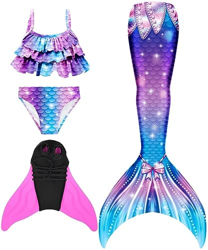 DNFUN Meerjungfrauenflosse Mädchen mit Meerjungfrau Flosse mit Bikini für Kinder zum Schwimmen