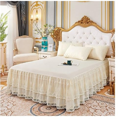 Volant Betthusse Spitze Bettrock Luxus Prinzessin Mädchen Tagesdecke Königin König Größe Frühling Spannbettlaken Bett Matratzenbezug Retro Bettwäsche mit Rock (Color : White, Size : 150x200x45cm)