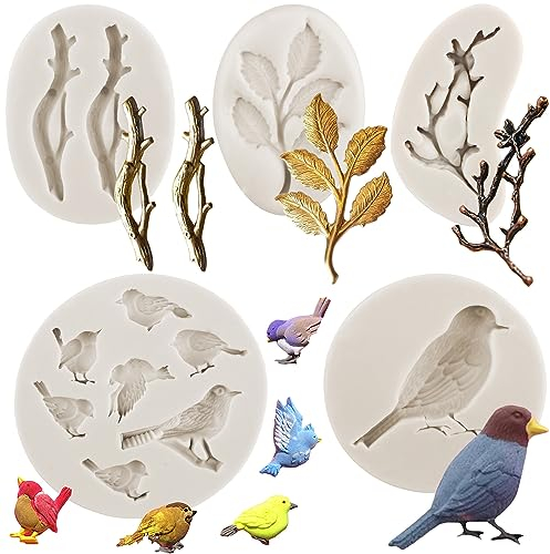 MYPRACS Bird Silicone Moulds Tree Branch Fondant Mould Twig Branch Leaves Fondant Moulds for Sugar Cake Decoration Cupcake Topper Candy Chocolate Gum Paste Polymer Clay Set of 5